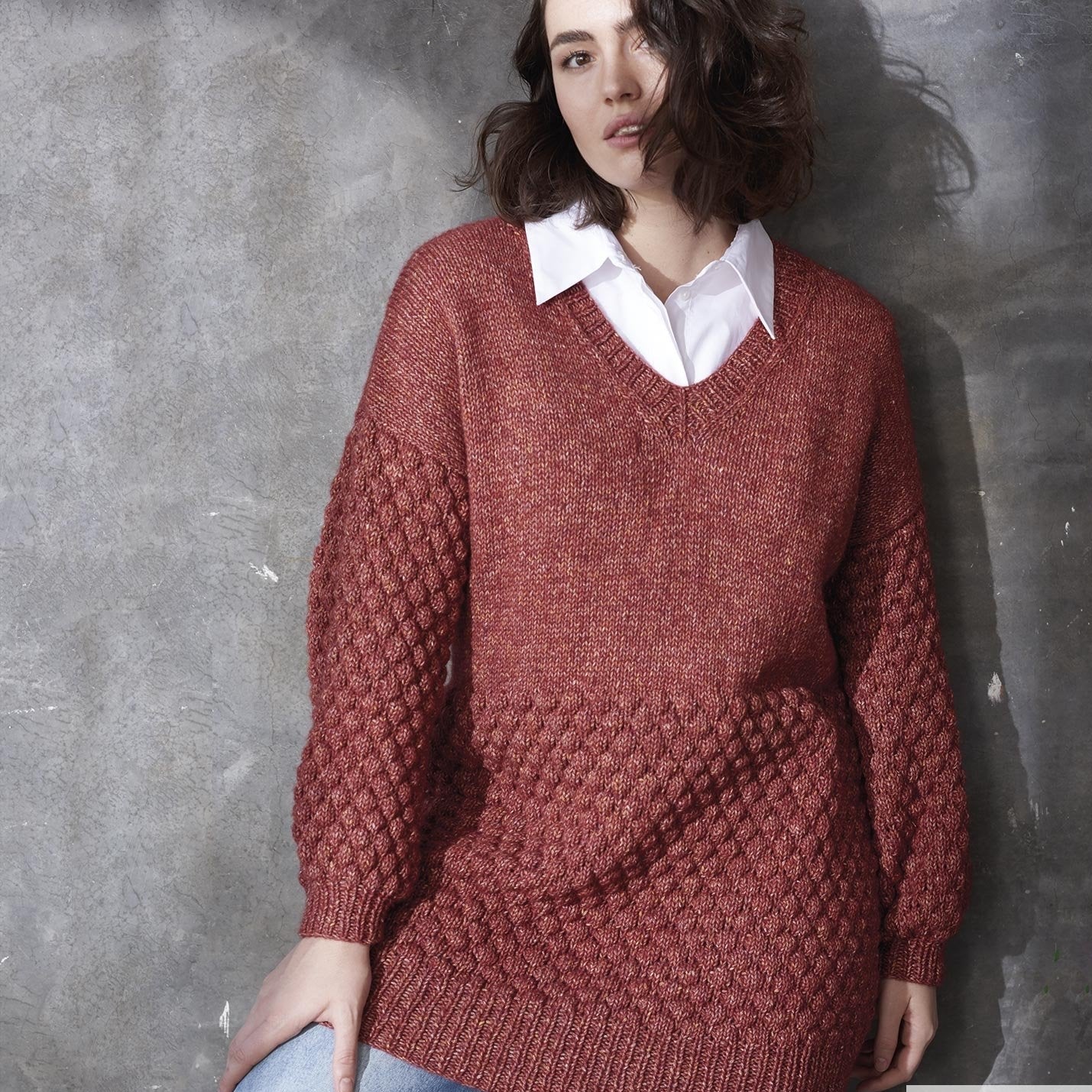 Pulover texturat Cotton-Merino Tweed